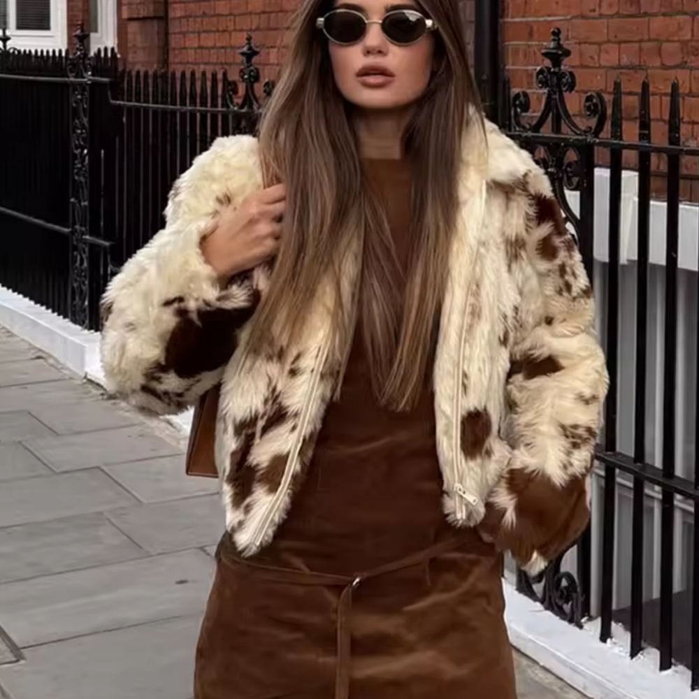 Women Casual Faux Fur Lapel Jacket Fashion Cow Print Autumn Winter - Picture 3 of 10